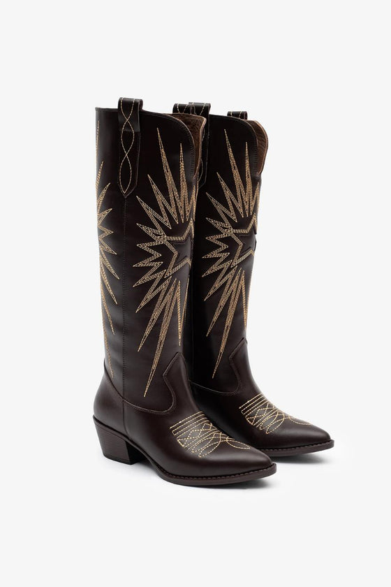 KADIN KAHVERENGİ İŞLEMELİ HAKİKİ DERİ KOVBOY ÇİZME 20514