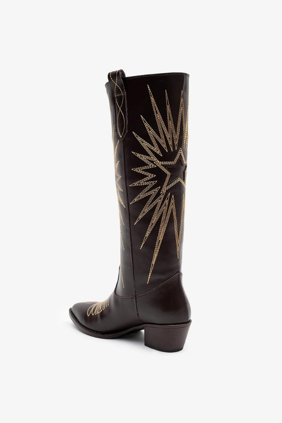 KADIN KAHVERENGİ İŞLEMELİ HAKİKİ DERİ KOVBOY ÇİZME 20514