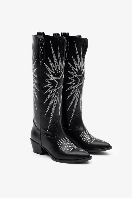 KADIN SİYAH İŞLEMLİ HAKİKİ DERİ KOVBOY ÇİZME 20513