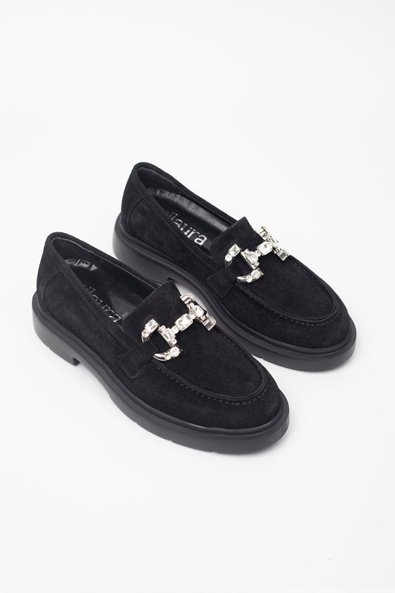 KADIN SİYAH SÜET TAŞLI HAKİKİ DERİ LOAFER 20507