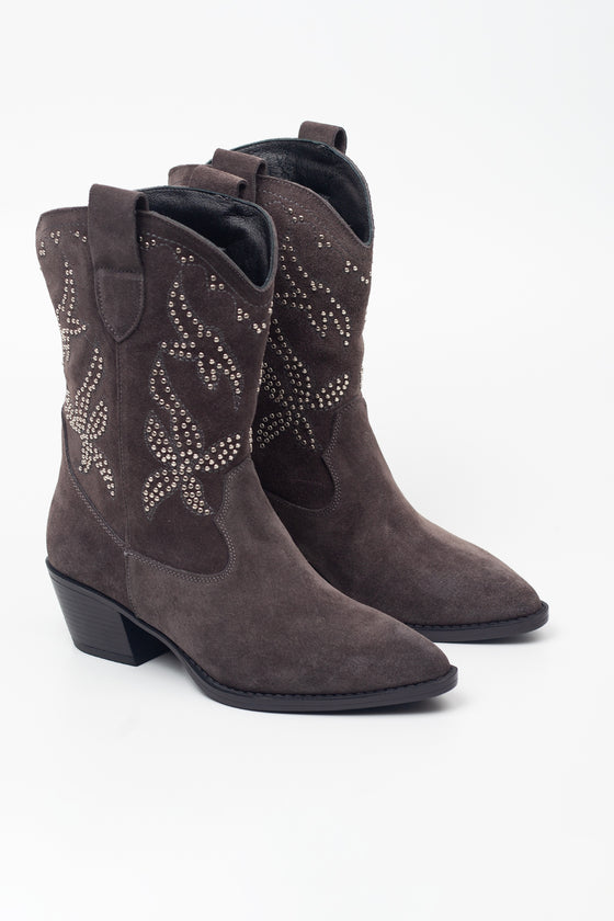 KADIN FÜME SÜET İŞLEMELİ HAKİKİ DERİ KOVBOY BOT 20519