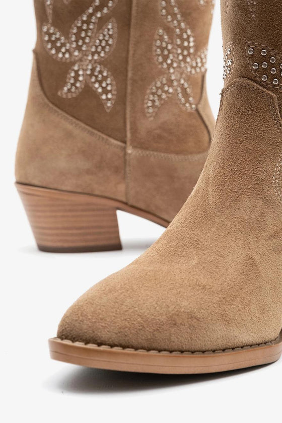 KADIN HAKİ SÜET İŞLEMELİ HAKİKİ DERİ KOVBOY BOT 20511