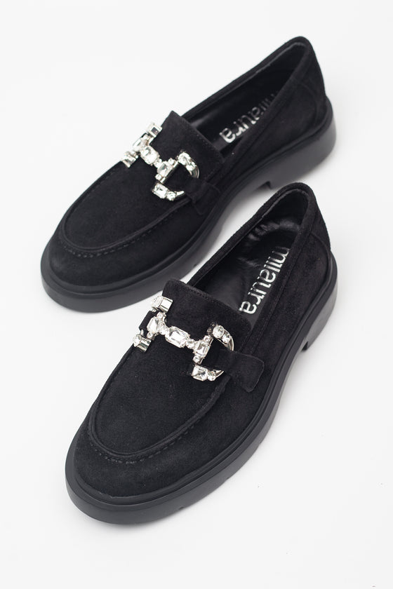 KADIN SİYAH SÜET TAŞLI HAKİKİ DERİ LOAFER 20507