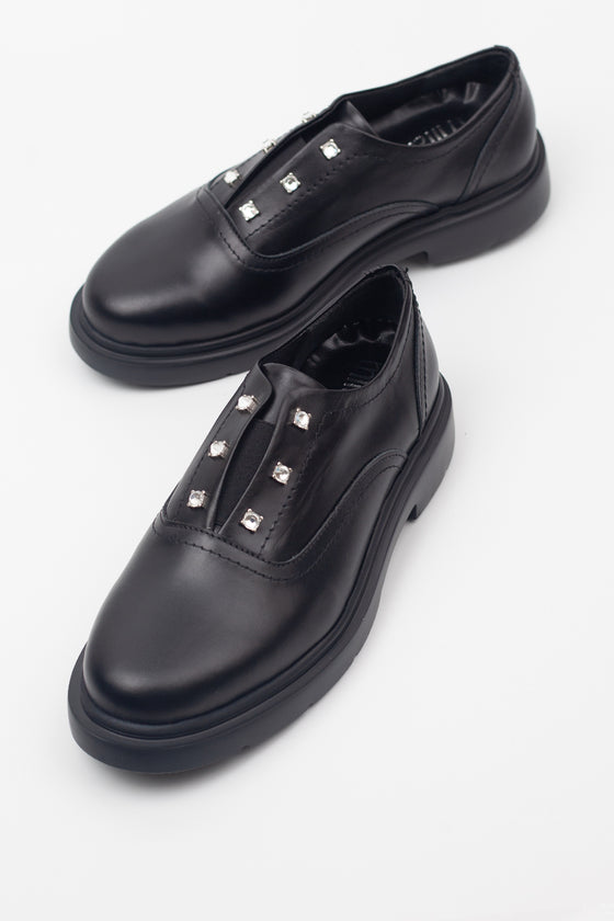 KADIN SİYAH TAŞLI HAKİKİ DERİ LOAFER 20503