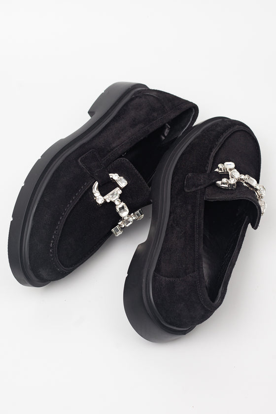 KADIN SİYAH SÜET TAŞLI HAKİKİ DERİ LOAFER 20507